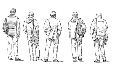 Fototapeta na wymiar Sketch of casual citizens standing by at crosswalk
