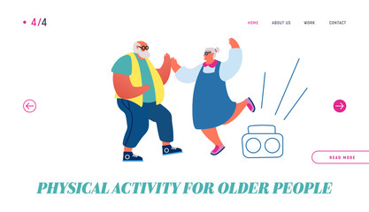 Senior Couple Dancing Website Landing Page. Elderly People Active Lifestyle, Old Stylish Man and Woman Spend Time Together Having Disco Leisure Relax Web Page Banner. Cartoon Flat Vector Illustration