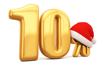 New Year illustration. Christmas illustration of golden percent and red hat on white background. 3D rendering. Ten.