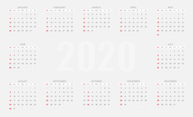 Calendar for 2020 in bright colors. Modern minimalist style.