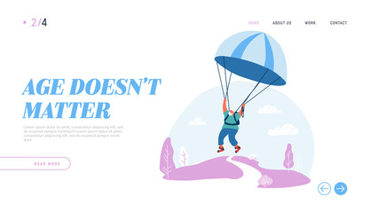 Active Senior Man Extreme Sports Activity and Recreation Website Landing Page. Pensioner Jumping with Parachute. Retirement Hobby, Sport Lifestyle Web Page Banner. Cartoon Flat Vector Illustration