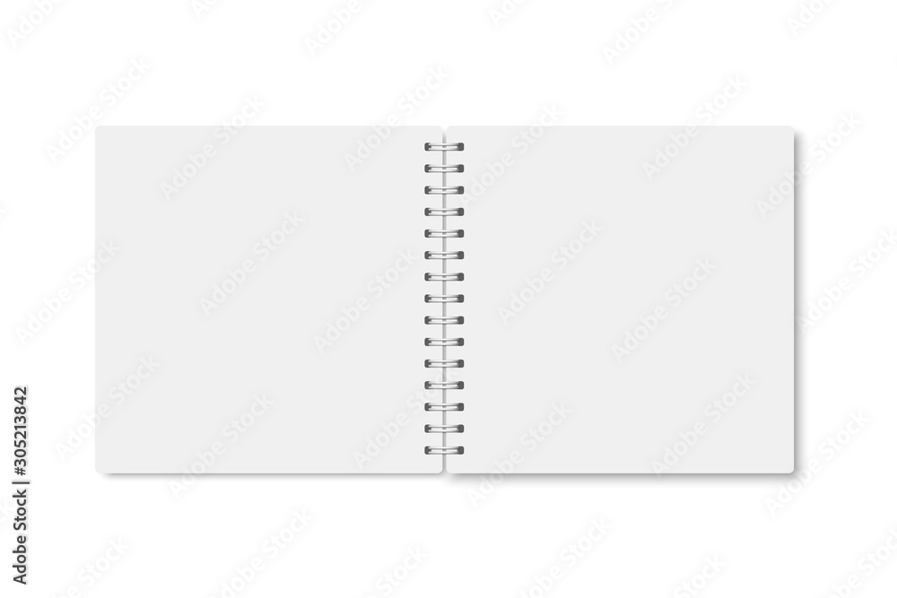 Poster white realistic a5 notebook opened with shadows.