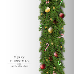 Christmas background decor with fir branch for greeting card. merry Christmas garland realistic ornament