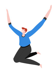 Jumping man isolated character, cheer and happiness or success