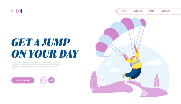 Active Senior Man Skydiver Jumping with Parachute Website Landing Page. Pensioner Sports Activity Hobby. Happy Aged Character Skydiving Extreme Sport Web Page Banner. Cartoon Flat Vector Illustration