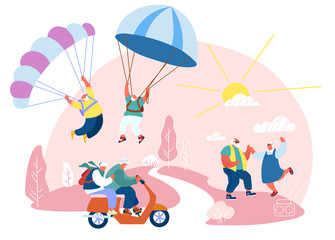 Senior Men and Women Sparetime. Elderly People Active Lifestyle. Happy Aged Pensioners Doing Extreme Sport, Skydiving with Parachute, Riding Motorbike, Disco Dancing. Cartoon Flat Vector Illustration