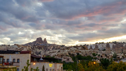 Goreme, Cappadocia, Turkey on sunset. Famous center of balloon fligths.