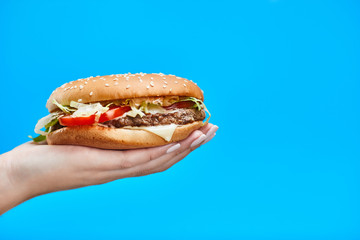 Woman Hands holding a hamburger on a blue background