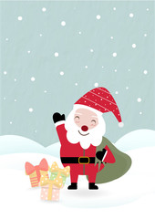 Sweet Christmas Santa carrying bag and saying hi stands among gift boxes on  landscape. snow fall blue pastel paper background cute merry happy winter holiday. celebration time cute cartoon character 