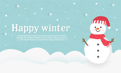 Fototapeta na wymiar sweet snow man wearing scarf red cute pastel blue star flake winter happy smile cove background cloud wording cute card Christmas merry party cold paper 