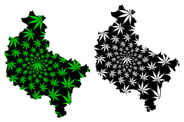 Naklejka premium Greater Poland Voivodeship (Administrative divisions, Voivodeships of Poland) map is designed cannabis leaf green and black, Wielkopolska Province map made of marijuana (marihuana,THC) foliage..