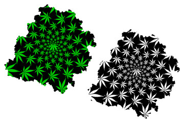 Lodz Voivodeship (Administrative divisions of Poland, Voivodeships of Poland) map is designed cannabis leaf green and black, Lodz Province map made of marijuana (marihuana,THC) foliage.... - obrazy, fototapety, plakaty