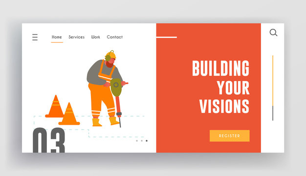 Highway Maintenance Website Landing Page. Builder with Jackhammer Breaking Asphalt at Road Construction Site with Warning Cones Remove Old Pavement Web Page Banner. Cartoon Flat Vector Illustration