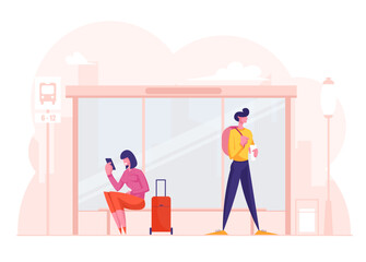 Young Stylish Woman with Suitcase and Man with Backpack Stand on Bus Stop Waiting Commuter. Girl Calling by Smartphone. City Life, People on Public Transport Station. Cartoon Flat Vector Illustration