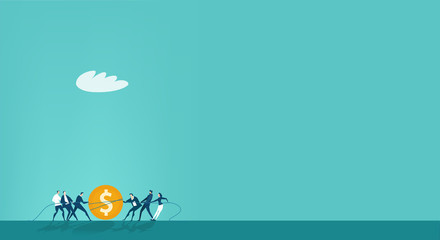 Business people pulling the dollar coin, fighting for the better deal, competing and arguing.  