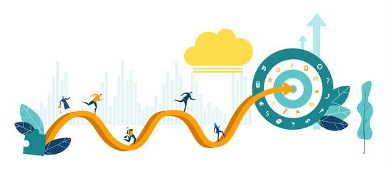 People running the long way to reach the target. Business concept illustration, modern competitive professional life. 