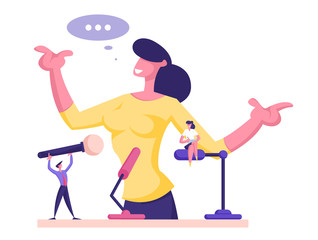 Public Orator Speaking From Tribune. Business Woman Manager Making Public Presentation Speech at Pedestal with Tiny Male and Female Characters Holding Microphones. Cartoon Flat Vector Illustration