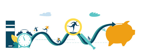 People running the long way to the piggy bank, savings, bonds. Running businessman was magnified by magnify glass. Time - money concept.