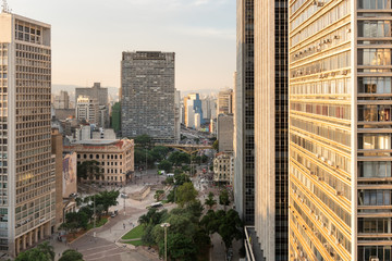 Aerial view of Anhangabaú Valley and Santa Iphigenia Bridge. Historic Center of Sao Paulo - Brazil.