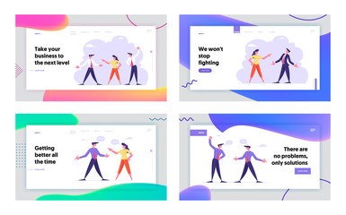 Conflict Between Colleagues or Office Workers Website Landing Page Set. Businesspeople Arguing and Having Quarrel at Work, Fighting Business Employees Web Page Banner. Cartoon Flat Vector Illustration