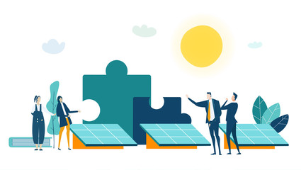 People generating solar energy. Alternative energy sources, eco friendly future, safe the planet concept. Business concept illustration 