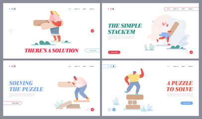Board Game Challenge Website Landing Page Set. People Playing Team Game Building Tower of Wooden Blocks. Friends Company Recreation, Business Strategy Web Page Banner. Cartoon Flat Vector Illustration