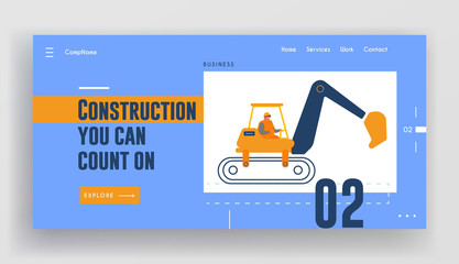 Builder Riding Heavy Excavator Working at Road Repair Website Landing Page. Special Heavy Machine for Crushing Old Asphalt Pavement or Ground on Site Web Page Banner. Cartoon Flat Vector Illustration
