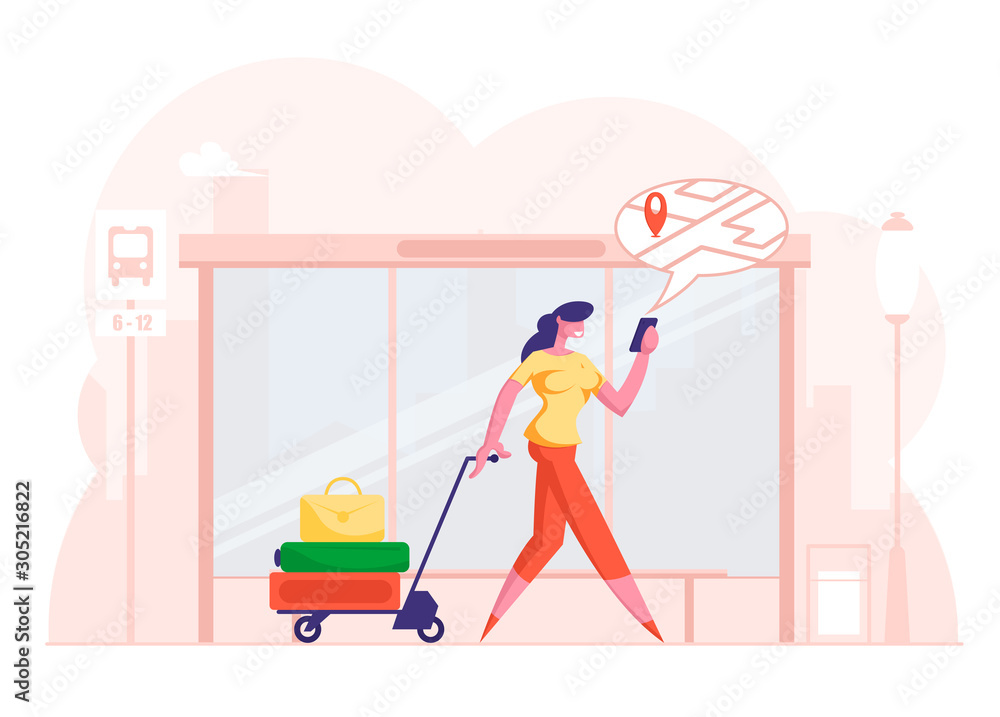 Poster woman pulling trolley with luggage pass by bus stop watching on mobile phone screen with map and loc