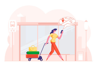 Woman Pulling Trolley with Luggage Pass By Bus Stop Watching on Mobile Phone Screen with Map and Location Marker Geo Tag Gps Pointer. Online Navigation App Concept. Cartoon Flat Vector Illustration