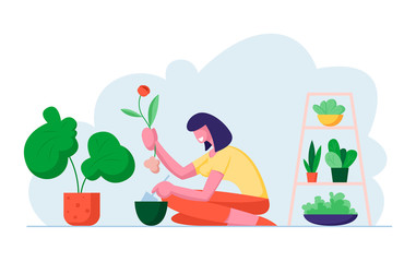 Young Woman Planting Flower to Pot in Beautiful Greenhouse. Botanist Care of Houseplant and Grow Herbs. Planter Hobby, Girl Caring for Plants at Home or Garden. Cartoon Flat Vector Illustration