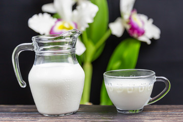Milk in a clear jar Located on the wooden floor