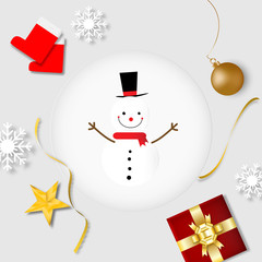Snowman and Christmas decorations on white background