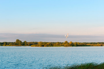 At dawn white aircraft. Small aircraft over the lake.