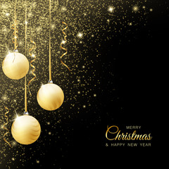 Fototapeta na wymiar merry christmas background with gold ribbon and ball decor for greeting card. black background with dust glitter glowing particle
