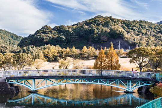 Beautiful view of Torio Reservoir foot bridge or human bridge reflected on water with trees having yellow leaves in autumn season.  Taken at Torio Reservoir, Tagawa City, Fukuoka, Japan on November 10