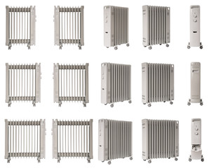 Photo collage, Electric liquid-filled oil heater for home use isolated on white, different number of sections in radiators