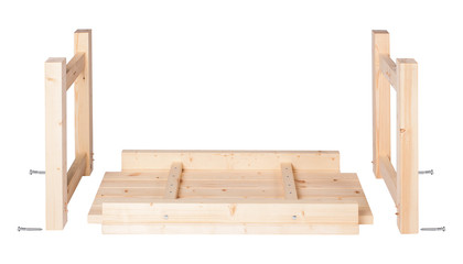 Wooden table parts disassembled on white background.