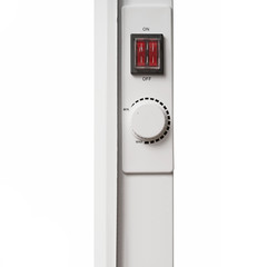 close-up part of a control panel of a white portable forced convection heater, isolated on a white...