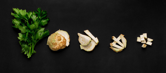 Fototapeta na wymiar Cutting mushroom with parsley on small pieces