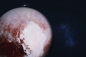 Planet Pluto of Solar system Visible side in space with far galaxy on the background. Science...