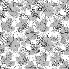 Vector Grape berry healthy food. Black and white engraved ink art. Seamless background pattern.