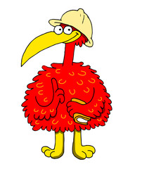 Funny illustration of a very fat red bird character with long beak and explorer helmet