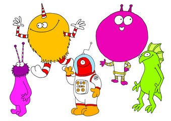 A group of childish characters that look like monsters and friendly aliens