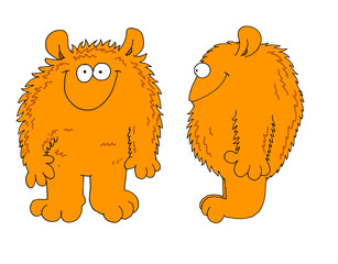 Funny front and profile illustration of a furry, fat and orange character