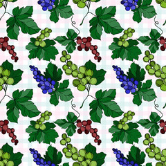 Vector Grape berry healthy food. Black and white engraved ink art. Seamless background pattern.