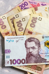 Ukrainian hryvnia, banknotes from 100 to 1000 hryvnia. Financial background from Ukrainian banknotes. Money background.