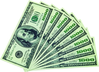 One thousand dollar bills aranged as fan on a white background