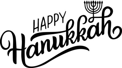 Happy Hanukkah holiday lettering with menorah, isolated on white. Hand drawn vector typographic design with modern calligraphy. Happy Hanukkah logotype, badge and icon typography. 