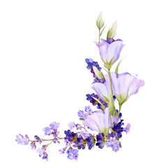 Picturesque arrangement of lavender and bluebells hand drawn in watercolor isolated on a white background. Floral watercolor illustration. Ideal for creating invitations, greeting and wedding cards. © Tatiana