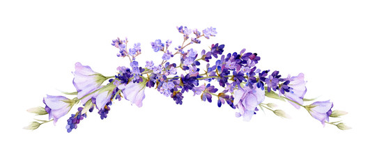 Picturesque arrangement of lavender and bluebells hand drawn in watercolor isolated on a white background. Floral watercolor illustration. Ideal for creating invitations, greeting and wedding cards. © Tatiana
